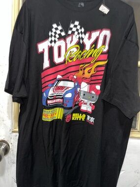 Hello Kitty Black Racing Graphic Tee with Red, Yellow & Blue